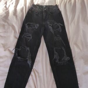 Black distressed high rise mom jeans